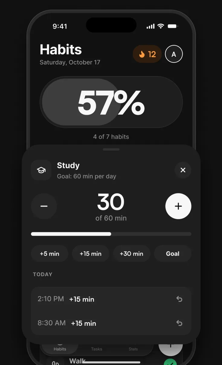 Logging progress on a habit: 30 of 60 minutes