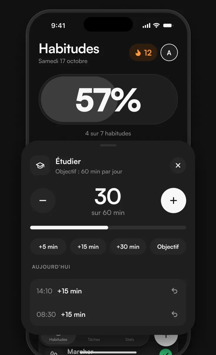 Saisie de progression d’une habitude chiffrée : 30 sur 60 minutes