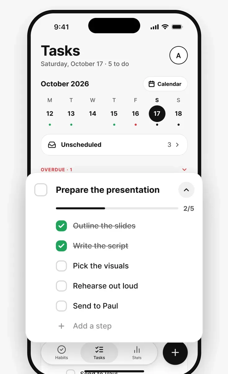 The Tasks tab with a task and its steps