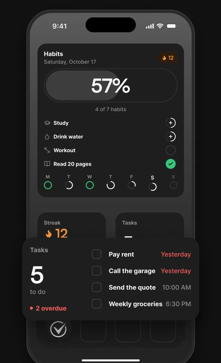 Habits and Tasks widgets on the Home Screen