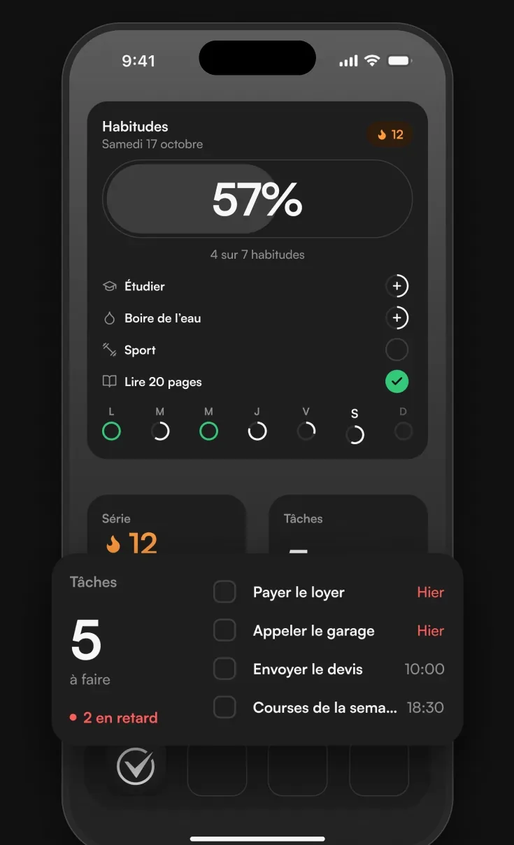 Les widgets Habitudes et Tâches sur l’écran d’accueil